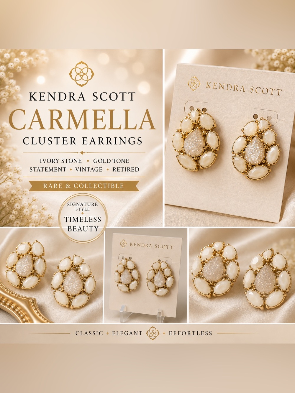 Kendra Scott Carmella Ivory Stone Gold Tone Cluster Earrings Rare & Retired
